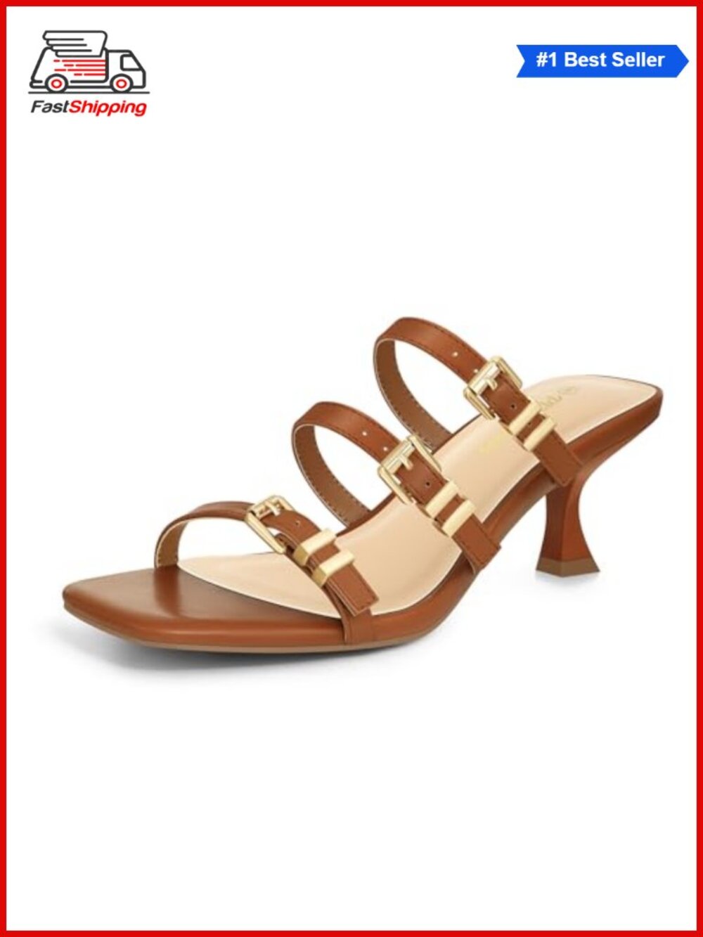 ✨ PIZZ ANNU Kitten Heel Square Open Toe Slip-On Mules with Three Buckle